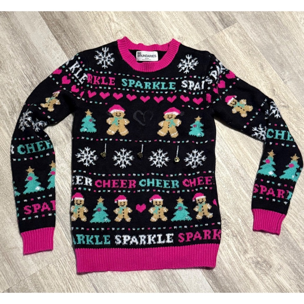 No Boundaries XXS (00) Girls Christmas Sweater Cheer‎ Sparkle Gingerbread